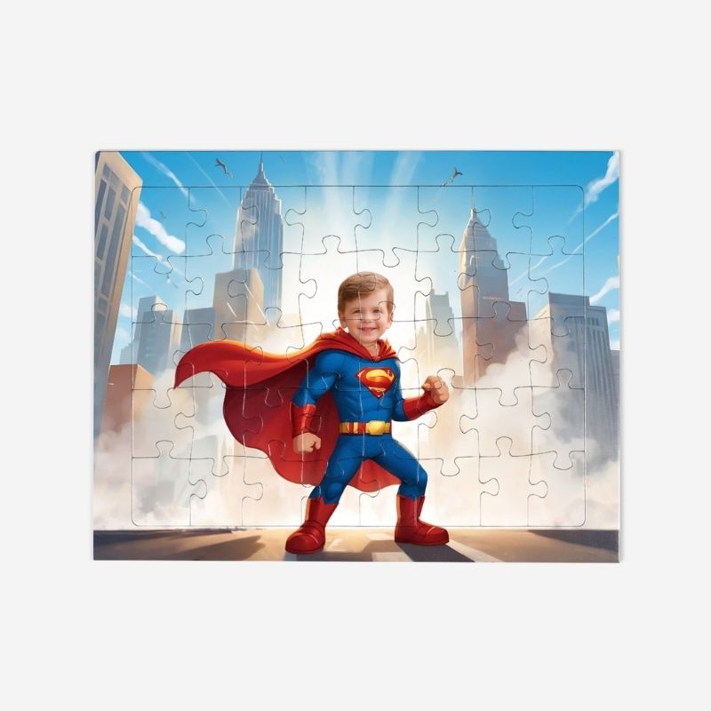 Personalizowane Puzzle super bohater to puzzle z dzieckiem w stroju superbohatera na tle miejskiej panoramy.