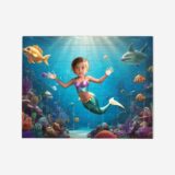 Puzzle personalizowane z motywem syrenki 3D, ukazujące dziecko w podwodnym świecie pełnym kolorowych ryb i raf koralowych.