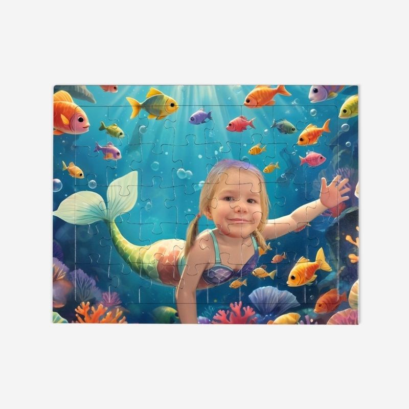 Puzzle Syrenka – personalizowane puzzle ze zdjęciem dziecka w bajkowej podwodnej scenerii z syrenką i kolorowymi rybami.