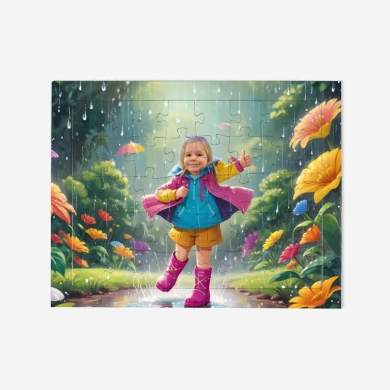 Puzzle wiosna to Puzzle personalizowane z motywem wiosennym, przedstawiające dziecko w kolorowym ogrodzie podczas deszczu, otoczone kwitnącymi kwiatami.