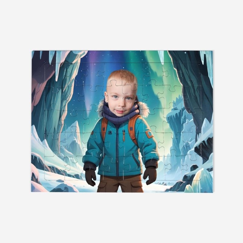 Puzzle Zorza Polarna – personalizowane puzzle ze zdjęciem dziecka na tle bajkowej scenerii arktycznej z zorzą polarną.