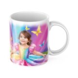 Personalizowany kubek dla dziewczynki z bajkową ilustracją księżniczki w tęczowej sukni, otoczonej kolorowymi motylami, oraz imieniem dziecka na tle.