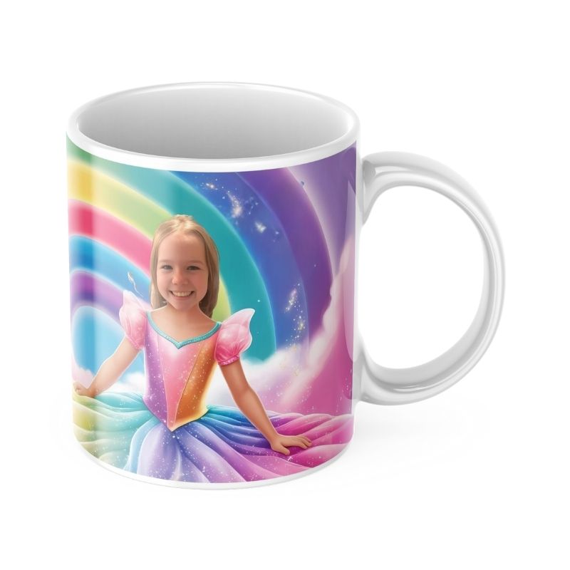 KUBEK ZE ZDJĘCIEM KSIĘŻNICZKA I TĘCZA. Personalizowany kubek dla dziewczynki z bajkową księżniczką siedzącą na chmurze, otoczoną magiczną tęczą i błyszczącymi gwiazdkami.