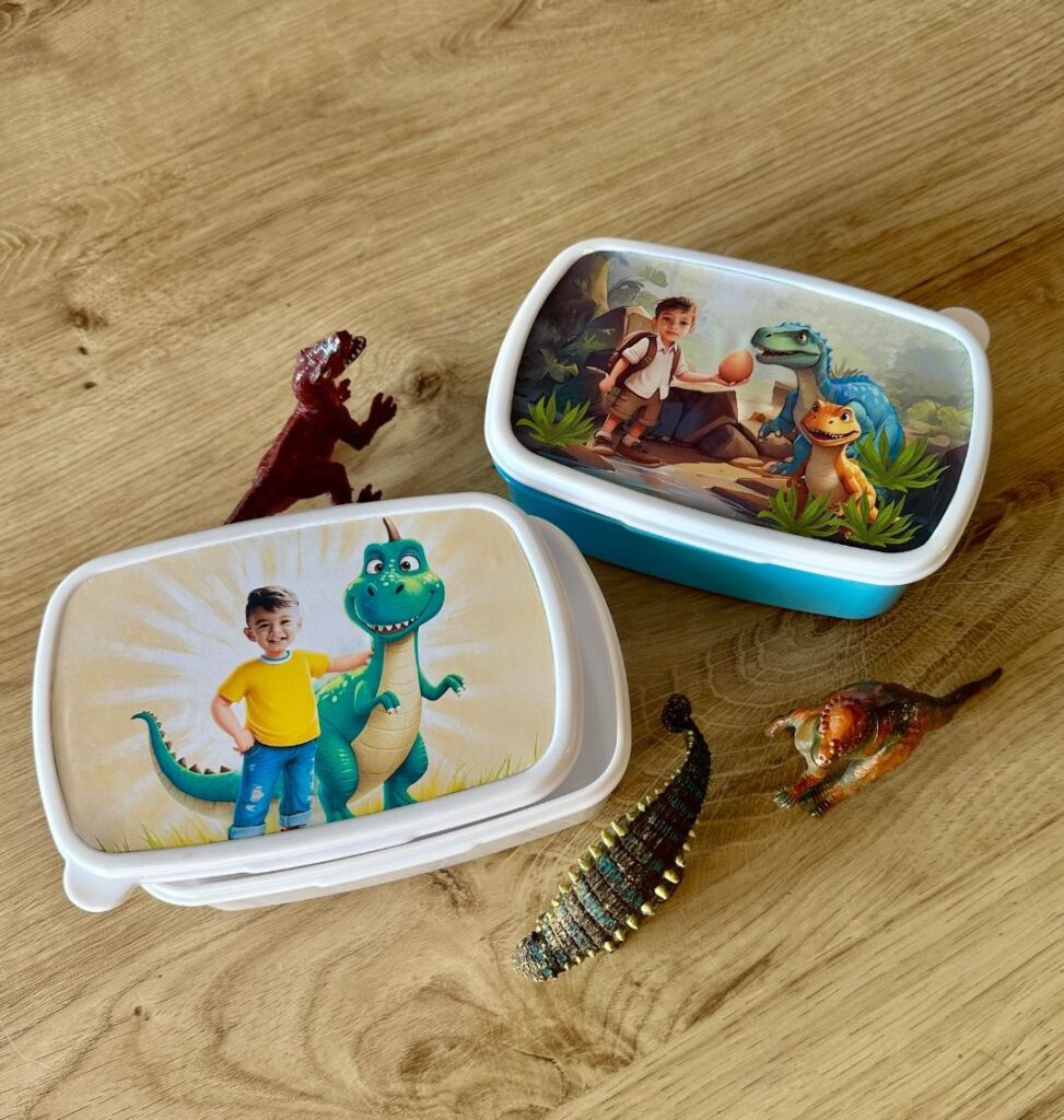 Personalizowane śniadaniówki z grafikami z dinozaurami i zdjeciem dziecka