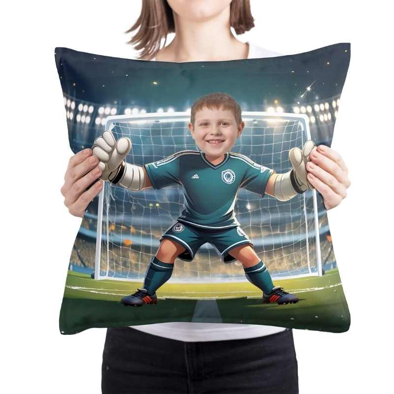 poduszka ze zdjęciem bramkarz – personalizowany prezent dla małego piłkarza. PODUSZKA TRZYMANA W REKACH