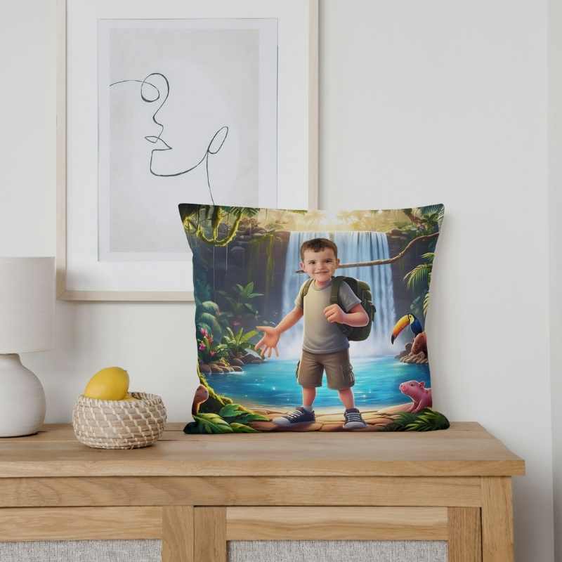 poduszka ze zdjęciem odkrywca – dziecko w dżungli na tle wodospadu