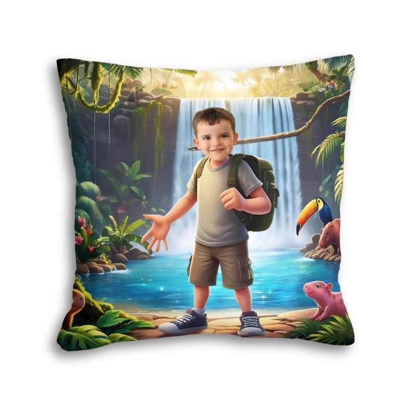 poduszka ze zdjęciem odkrywca – dziecko w dżungli na tle wodospadu