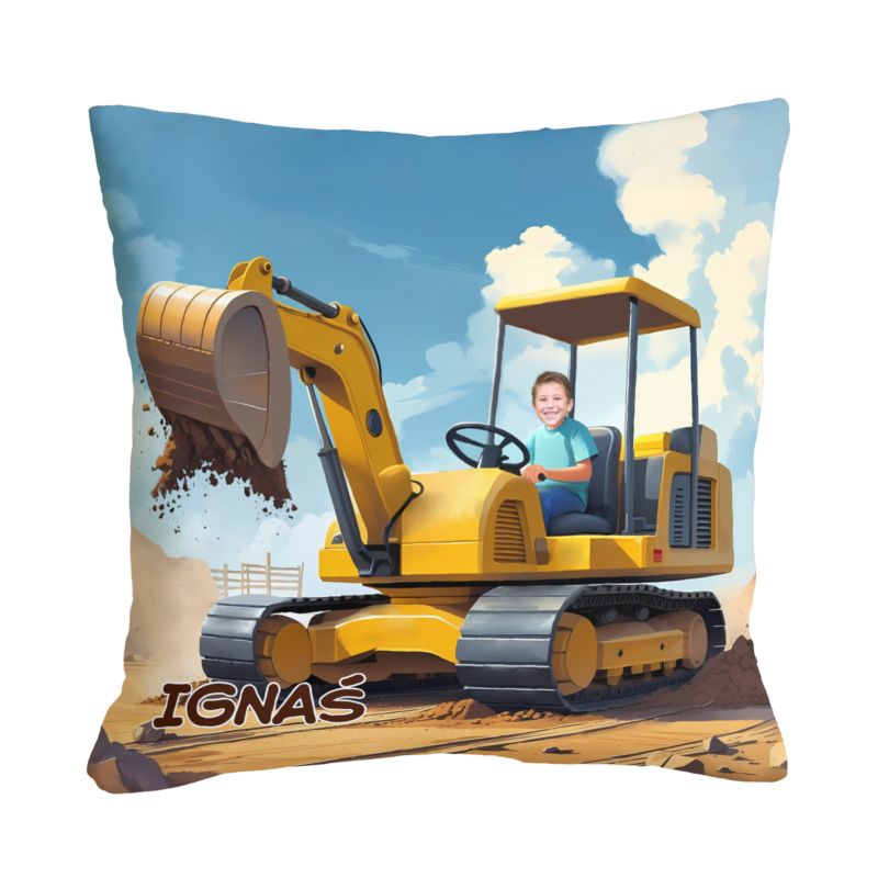 poduszka z twarzą dziecka koparka – prezent z grafiką budowy