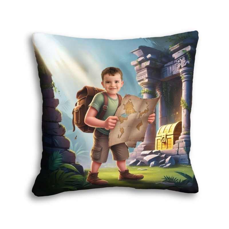 Poduszka ze zdjęciem podróżnik skarb – dziecko jako mały odkrywca z mapą i skarbem w dżungli