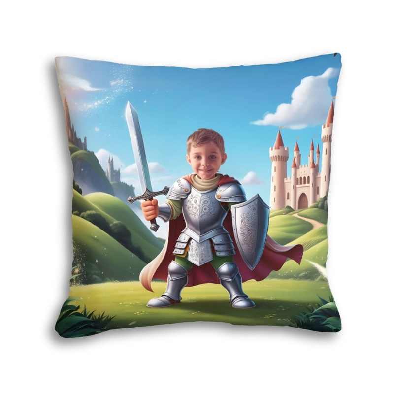 Poduszka ze zdjęciem rycerz z zamkiem – dziecko w zbroi z mieczem i tarczą na tle bajkowego zamku
