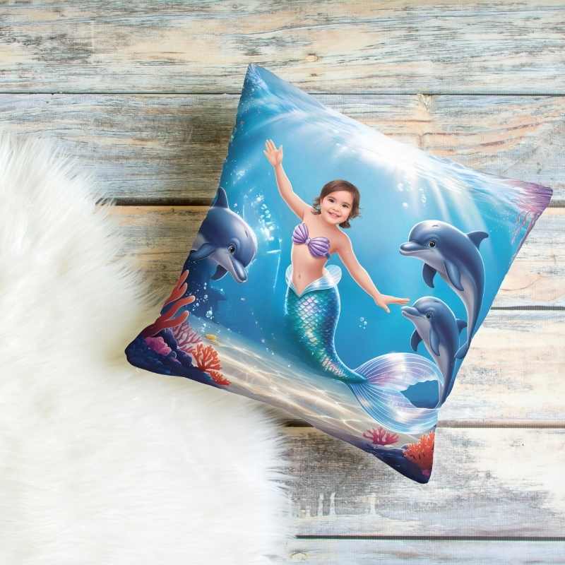 Personalizowana Poduszka ze zdjęciem syrenka i delfiny
