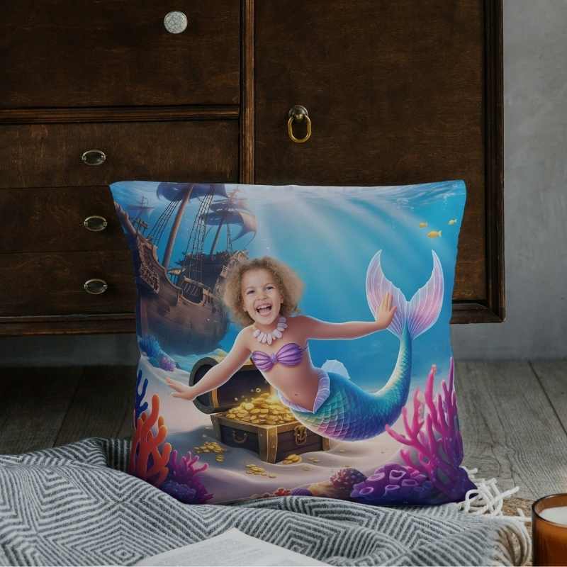 Personalizowana Poduszka ze zdjęciem syrenka i skarb