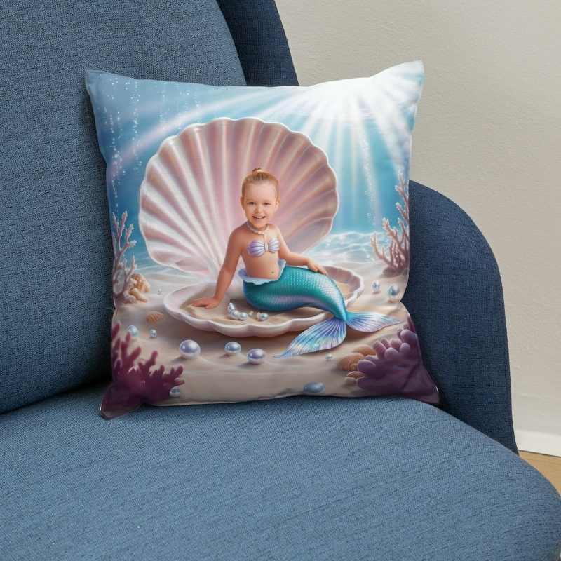 Poduszka ze zdjęciem syrenka na muszli – dziecko jako syrenka siedzące w dużej perłowej muszli - poduszka na fotelu
