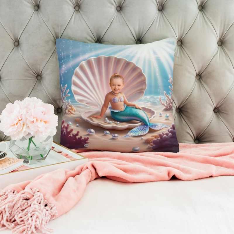 Poduszka ze zdjęciem syrenka na muszli – dziecko jako syrenka siedzące w dużej perłowej muszli - poduszka na łóżku