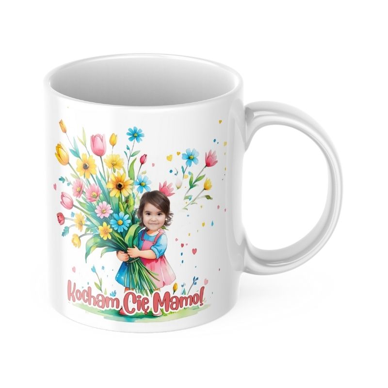 Kubek z dziewczynką i bukietem dla mamy z napisem Kocham Cię Mamo i zdjęciem dziecka