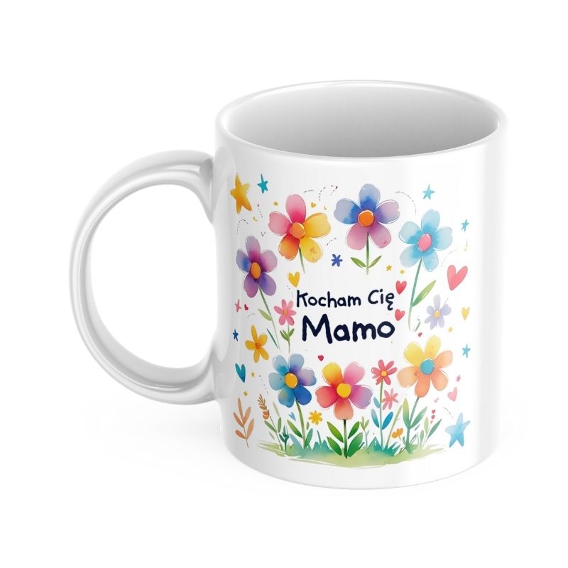 Kubek ze zdjęciem dla mamy w kwiatowej ramce z napisem Kocham Cię Mamo