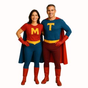 Grafika kategorii dla mamy i taty - przedstawia rodziców w stroju superbohaterów