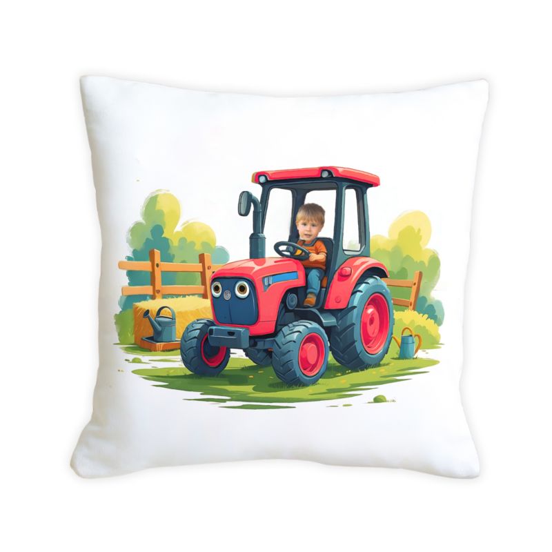 Poduszka z czerwonym traktorem ze zdjęciem - czerwony traktor z kabiną 45x45