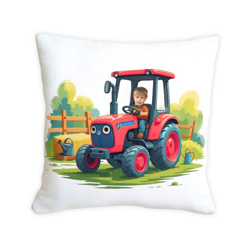 Poduszka z traktorem ze zdjęciem dziecka – czerwony traktor z kabiną 40x40