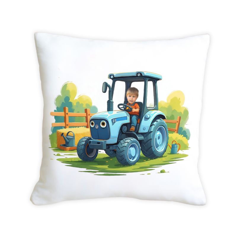Poduszka ze zdjęciem – niebieski traktor z kabiną 45X45