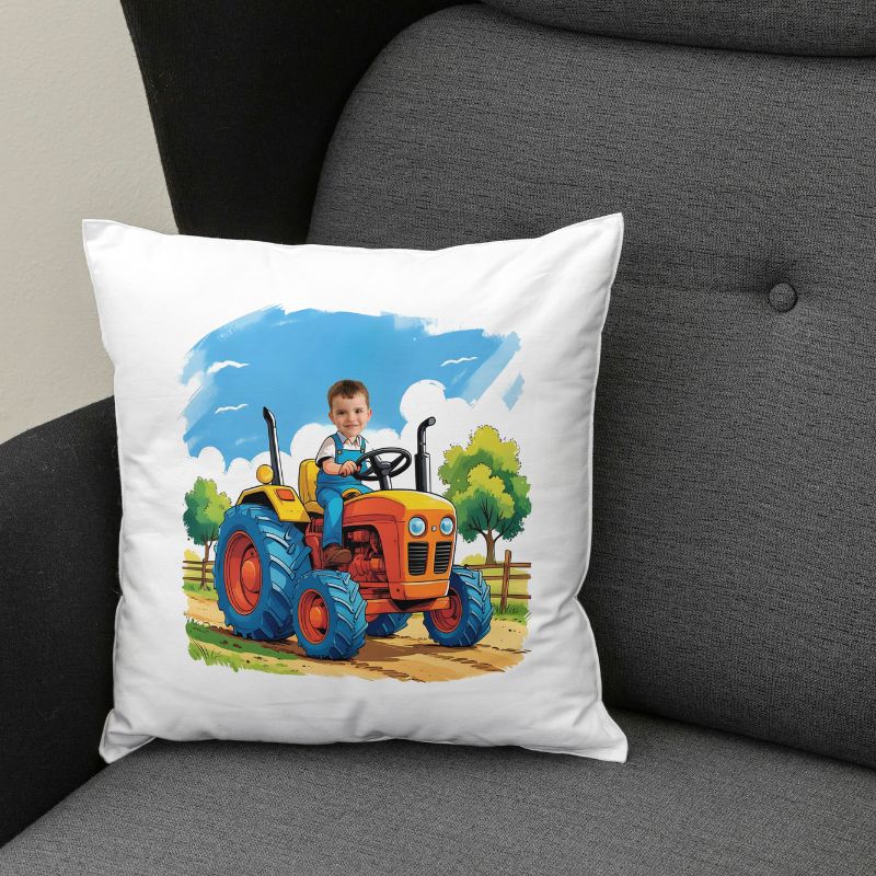 Poduszka ze zdjęciem – pomarańczowy traktor z dzieckiem