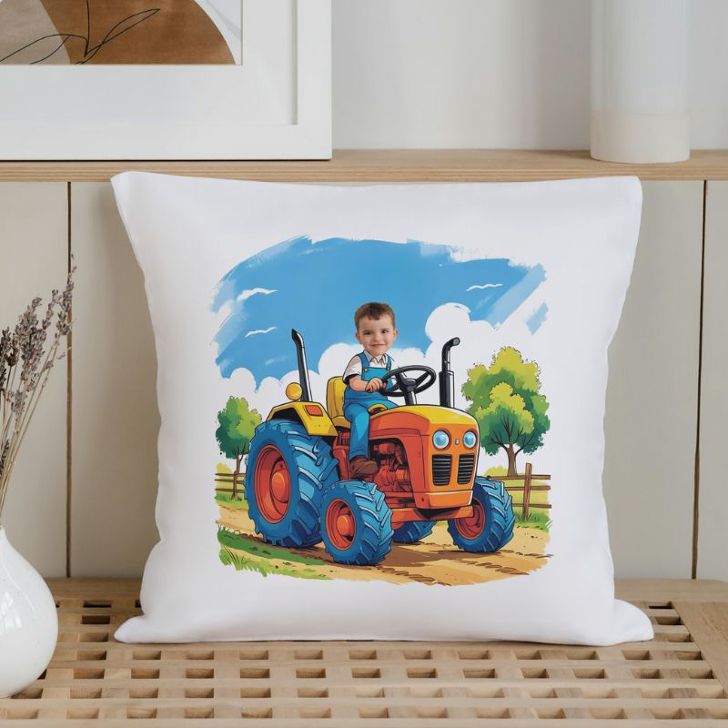 Poduszka ze zdjęciem – pomarańczowy traktor z dzieckiem