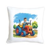Poduszka ze zdjęciem – pomarańczowy traktor z dzieckiem 40x40