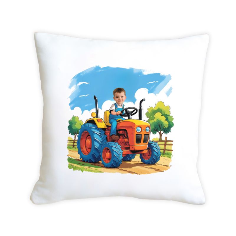 Poduszka ze zdjęciem – pomarańczowy traktor z dzieckiem 40x40