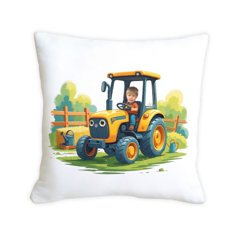 Poduszka ze zdjęciem – żółty traktor z kabiną 45x45