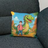 poduszka ze zdjęciem dziecka stojącego obok uśmiechniętego dinozaura w bajkowej prehistorycznej scenerii