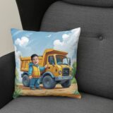 poduszka ze zdjęciem dziecka i żółtą wywrotką na tle bajkowej scenerii