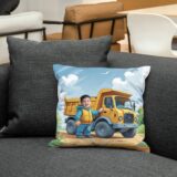 poduszka ze zdjęciem dziecka i żółtą wywrotką na tle bajkowej scenerii