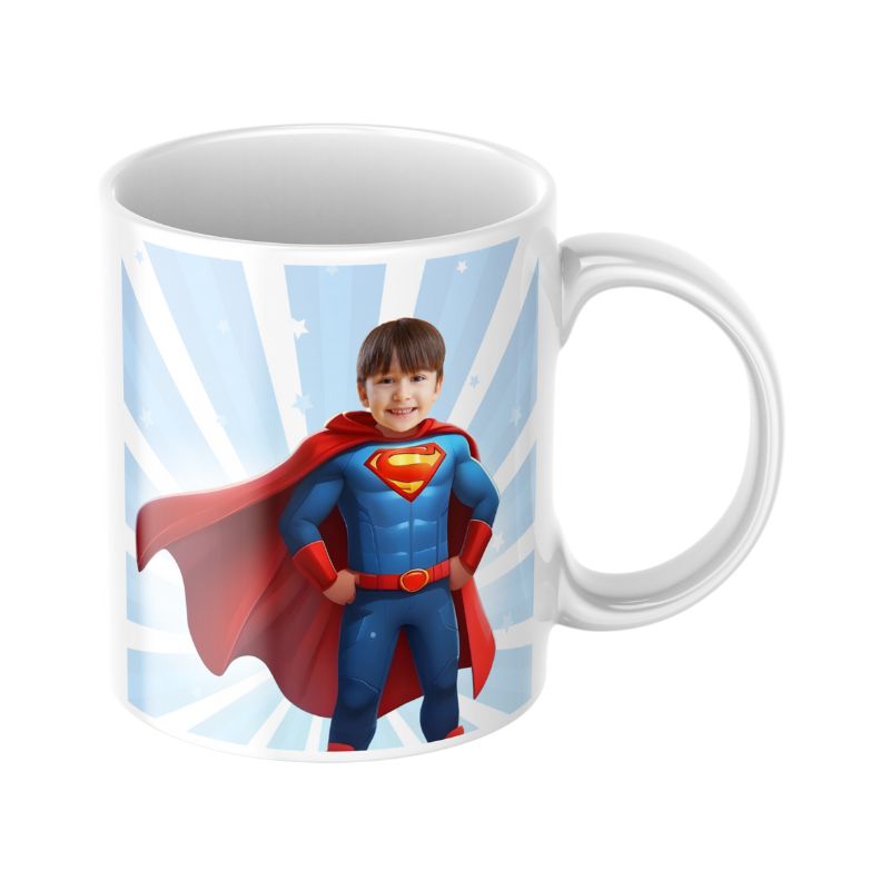 Personalizowany kubek SUPERBOHATER z Twoją twarzą i bajkową grafiką dla chłopca