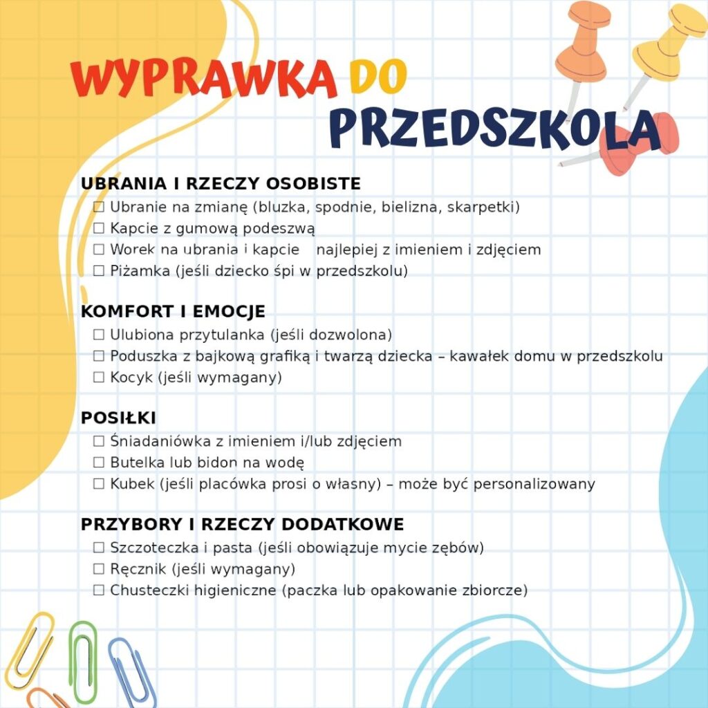 checklista wyprawka do przedszkola z personalizacją – lista rzeczy dla przedszkolaka z miejscem na zdjęcie dziecka