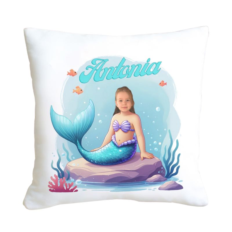 Poduszka ze zdjęciem syrenki personalizowana z twarzą dziecka w podwodnym świecie z imieniem