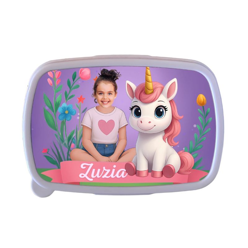 personalizowana śniadaniówka ze zdjęciem jednorożec na łące z kwiatami