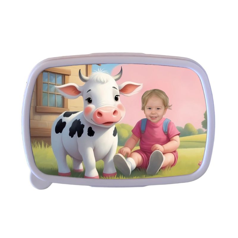 bajkowa śniadaniówka ze zdjęciem dziecka i krówką na wsi